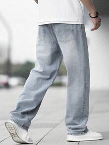 男士宽松破洞喇叭牛仔裤 休闲阔腿牛仔裤 棉质 日常穿着 时尚 - 藍色 - 查看 2