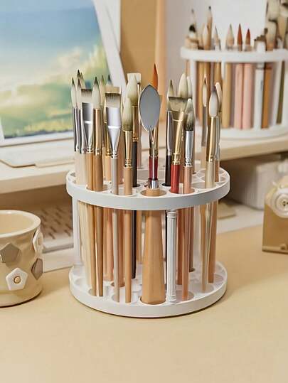 360°旋转化妆刷收纳架 - 精致白色塑料材质，适用于美术画笔、钢笔、化妆工具 - 节省空间的桌面配件，表面光滑，化妆刷收纳架 - 1个装