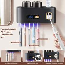 Smart Toothbrush Sterilizer (1 Unit) - USB Charging + Clock - 5-Slot Storage Brush Holder - Includes 2 Cups + Automatic Toothpaste Dispenser - Modern Bathroom Plastic Storage Rack For Dental Hygiene Essentials - 灰色 - 查看 4