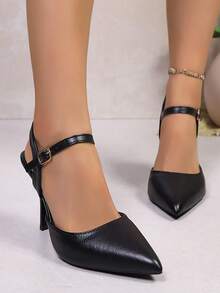 Tacones de aguja puntiagudos, cómodos y de moda para el verano, con talón descubierto. Zapatos de tacón elegantes y sexys de estilo retro, versátiles para ir al trabajo y citas. Zapatos de tacón de aguja con punta puntiaguda y hebilla de alta gama. - Negro - Ver 4