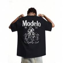1pc Men's Modelo Graphic Print Crewneck Short Sleeve Tee - Stylish Casual Sports Top, Comfortable Loose Fit Urban Streetwear Shirt, Ideal For Daily Wear Travel Workout Weekend Hangouts Summer Outings, Versatile Fashion Basic For Men - 黑色 - 查看 1