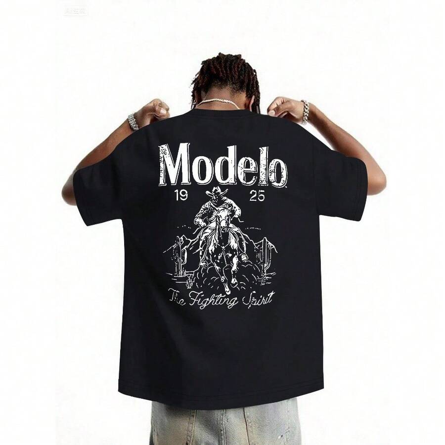 1pc Men's Modelo Graphic Print Crewneck Short Sleeve Tee - Stylish Casual Sports Top, Comfortable Loose Fit Urban Streetwear Shirt, Ideal For Daily Wear Travel Workout Weekend Hangouts Summer Outings, Versatile Fashion Basic For Men - 黑色 - 查看 1