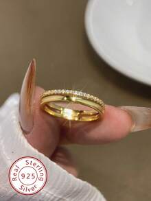 1 chiếc nhẫn hai lớp sang trọng tối giản cổ điển bằng bạc Sterling 925, thích hợp cho nữ giới đeo hàng ngày, cũng có thể dùng làm phụ kiện dự tiệc hoặc quà tặng. - nhẫn - Xem 1