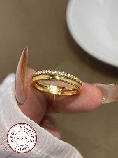 1pc 925 Sterling Silver Vintage Minimalist Luxury Double-Layer Ring, Suitable For Women's Daily Wear, Also Can Be Used As Party Accessory Or Gift