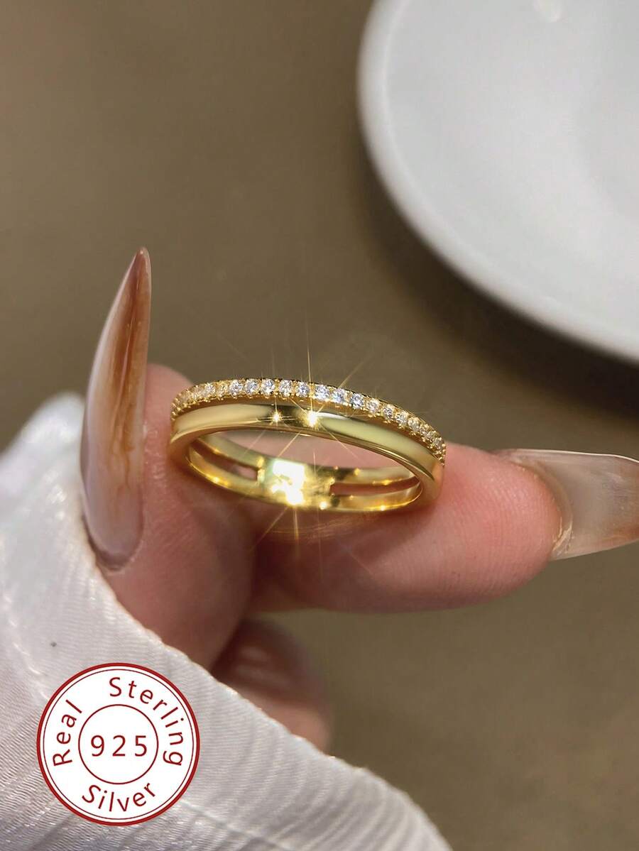 1 chiếc nhẫn hai lớp sang trọng tối giản cổ điển bằng bạc Sterling 925, thích hợp cho nữ giới đeo hàng ngày, cũng có thể dùng làm phụ kiện dự tiệc hoặc quà tặng. - nhẫn - Xem 1