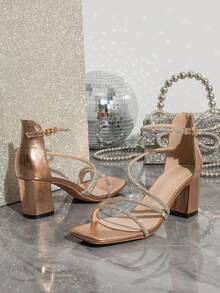 Square Toe Thick High Heel Rhinestone Decorated Elegant Glamorous Sandals, Suitable For Banquet Party, Fashion Versatile - Champagne - View 7