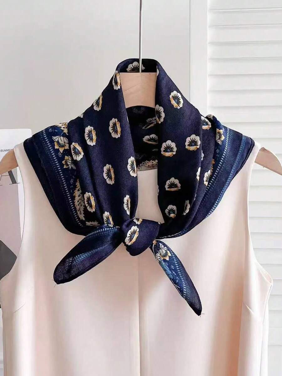 1 pieza Bufanda de estilo casual con estampado de cachemira y de espiga, de terciopelo, ideal para accesorios de playa, viajes y vacaciones - FR202-2 Azul marino - Ver 1