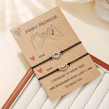 2Pcs/Set Pinky Promise Sun Moon Bracelet For Couples Best Friends, Stainless Steel Charm Adjustable Black Cord Bracelet Set, Friendship Matching Jewelry Gift - Sun and Moon - View 8