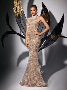 Women Luxury Halter Neck Heavy Beaded Sequin Formal Evening Gowns Sexy Backless Mermaid Prom Wedding Guest Spring Summer Cocktail Party Maxi Dresses - Champagne - View 6