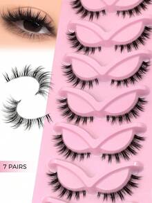 7对条状假睫毛，飞扬眼尾，纤长自然，浓密卷翘，猫眼妆效，3D柔软貂毛假睫毛，漫画风格尖尾睫毛，化妆工具 - 查看 5