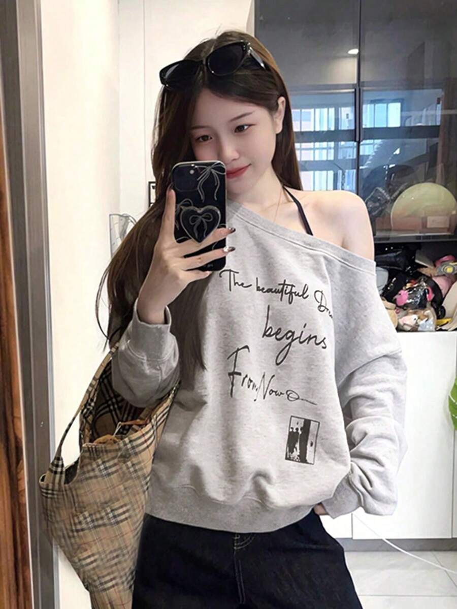 秋季美式复古设计宽松落肩斜领长袖女式卫衣 - 灰色 - 查看 1