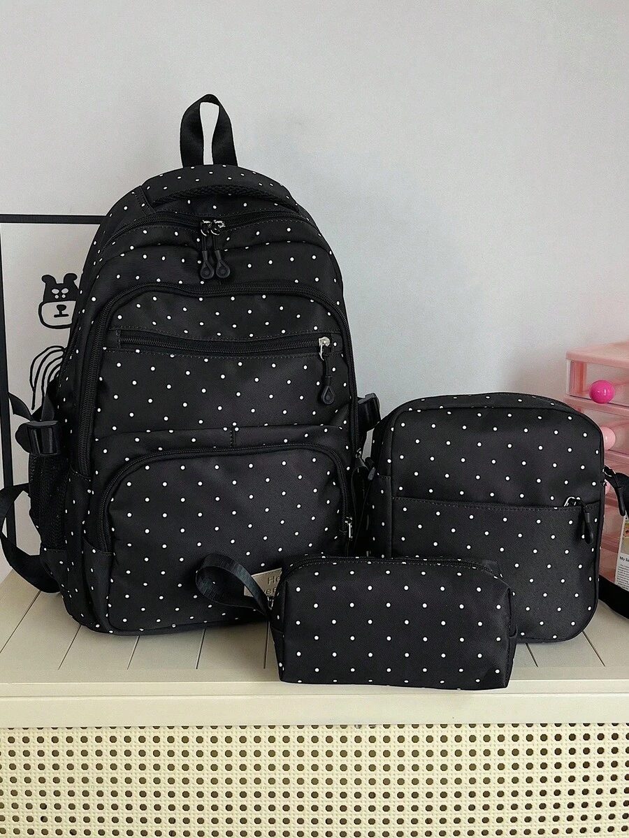 Classic Large Capacity Versatile Fashionable Backpack Set Of 3, Suitable For Graduation, Back To School, And Travel - Black - View 1