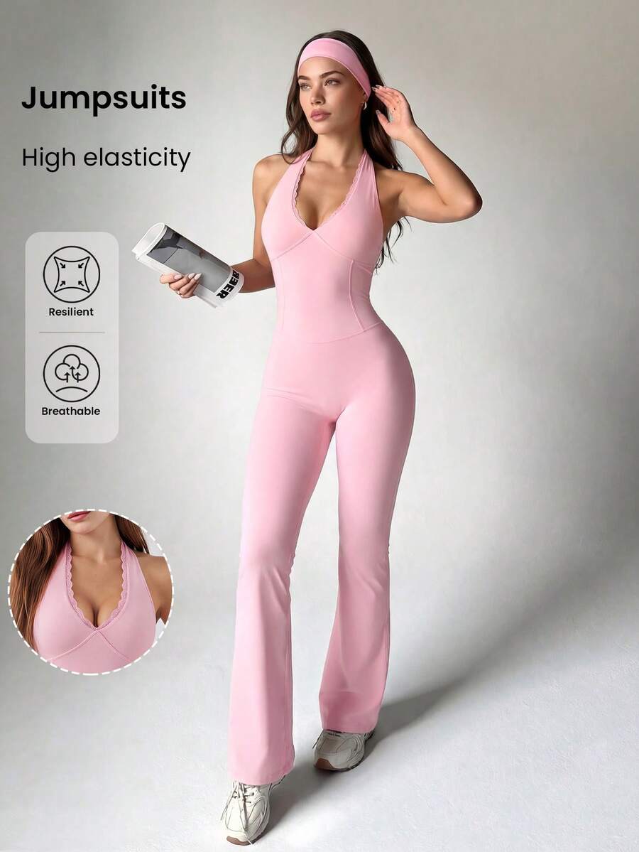 Women Yoga Flare Jumpsuit Lace Patchwork V Neck Backless Jumpsuits With Bra Tummy Control Cutout Romper Workout Outfit Sleeveless Unitard One Piece Backless Bodysuit - 粉色 - 查看 1