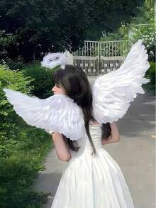 3pcs/Set Natural Feather White Angel Wings Costume Props, Suitable For Photography, Stage Performance, Cosplay - White - View 3