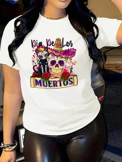 Camiseta de mujer con diseño de calavera y flores, regalo ideal para amantes de la cultura mexicana
