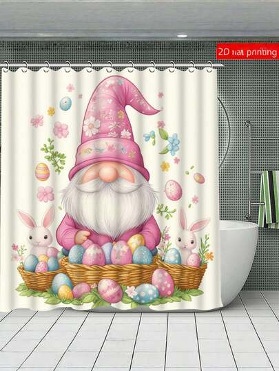 4-Piece Bathroom Shower Curtain Set 72x72 Inches, Waterproof, Mildew Proof, Thickened Fast Drying Polyester, Pink Easter Gnome With Rabbit And Egg Print, Including Shower Pad U-Shaped Pad Toilet Lid And 12 Free Hooks, Suitable For Family Apartment Dormitories [Easter Shower Curtain]