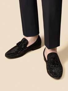 Men's Tassel Dress Loafers Slip On Comfortable Rhinestone Tuxedo Shoes For Wedding Party Graduation - 黑色 - 查看 8