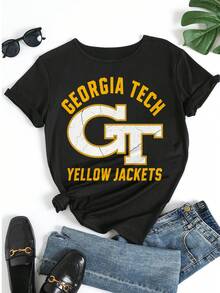 Women's Georgia Tech Yellow Jackets Graphic Print Short Sleeve T-Shirt, Casual Crew Neck Cotton Tee Top For Game Day College Sports Fan Apparel  Women's Casual Wear,Tops For Women,Women Tops,Women's Tops Clothes ,Women Tops, Blouses & Tee  Camiseta Para Mujer,Motif Women Clothes,Summer Clothes,Spring Outfits For Women,Graphic Tees Women,Black Top,Summer Tops, - màu đen - Xem 5