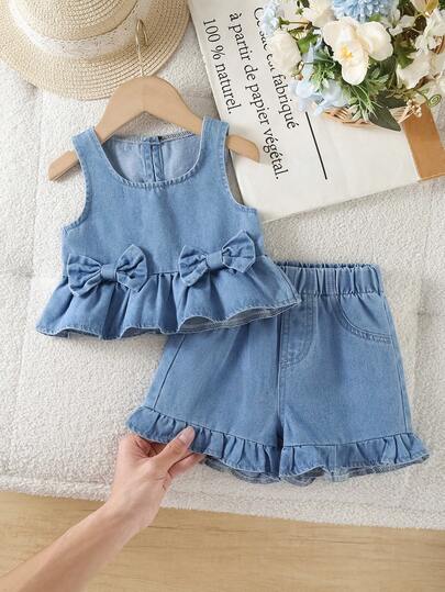2pcs Baby Girls Outdoor Casual New Stylish Cute 3D Bow Sleeveless Top And Retro Floral Hem Blue Denim Shorts Set