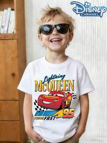 Disney Shining Boy (Double-Sided Print): Cars: Lightning McQueen, Themed Cartoon Print, Casual And Simple Short Sleeved T-Shirt, Suitable For Spring And Summer Seasons, Suitable For Boys And Girls To Wear. Festival Gift - trắng - Xem 1
