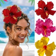 1PC New Hawaiian Artificial Hibiscus Flower Alligator Clip, Side Hair Clip For Bridal Wedding, Hawaiian Beach & Tropical Party Decorative Hair Clip - 深紅色 - 查看 2