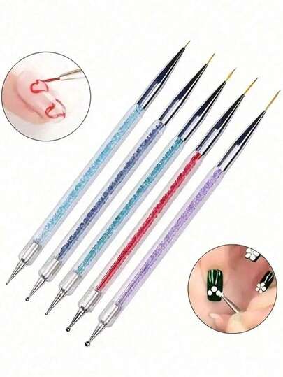 5pcs Double-Ended Nail Art Liner Brushes, Nail Detailing Tools, Nail Art Supplies, Back To School Nail Art Tools, Suitable For Nail Stickers