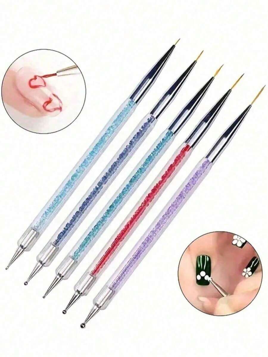 5pcs Double-Ended Nail Art Liner Brushes, Nail Detailing Tools, Nail Art Supplies, Back To School Nail Art Tools, Suitable For Nail Stickers - Pen - View 1
