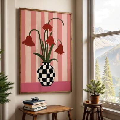 One Piece Of Wall Decoration, A Retro Poster Featuring A Diverse Floral Canvas Artwork In Shades Of Berry Pink, Showcasing Tulips In A Checkered Vase. Ideal For Enhancing The Decor Of A Living Room Or Bedroom, It Makes A Thoughtful Gift For Friends