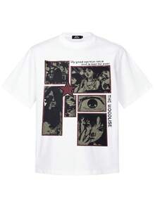 Tiny Spark 男士休闲白色T恤，复古卡通图案印花 - 白色 - 查看 2