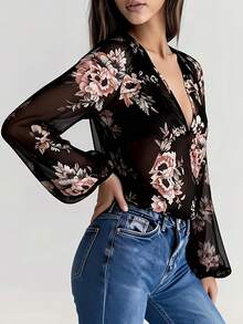 Women's Summer Casual Floral Print Chiffon Cover Up, Bohemian Flower & Leaf Pattern Sheer Beach Vacation Sexy Elegant Shirt, Cover-Up - Black - View 1