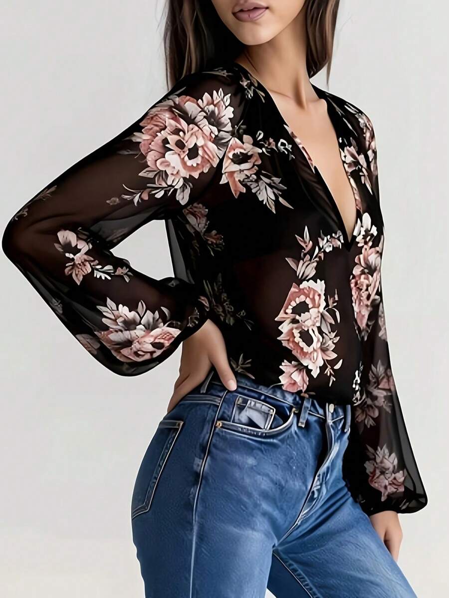 Women's Summer Casual Floral Print Chiffon Cover Up, Bohemian Flower & Leaf Pattern Sheer Beach Vacation Sexy Elegant Shirt, Cover-Up - Black - View 1