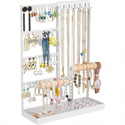 Jewelry Organizer Stand, Jewelry Holder Tree And Storage, Large Capacity, 72 Earring Holes, 12 Necklace Hooks, 20 Rings Slot, 2 Bracelet Bars, Assemble Not Required, Size 3.94*9.84*13.78 Inch