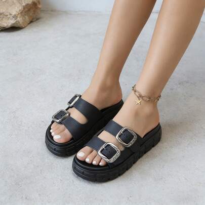 FZY 2026 Spring New Women's Plus Size Wide-Waist Sandals, Waterproof, Non-Slip, Thick Sole, Height Increase, Letter Print, Tower Buckle Design, Casual, Comfortable, And Versatile Beach Shoes, Easter Fashion Item - Women's Casual Sneakers