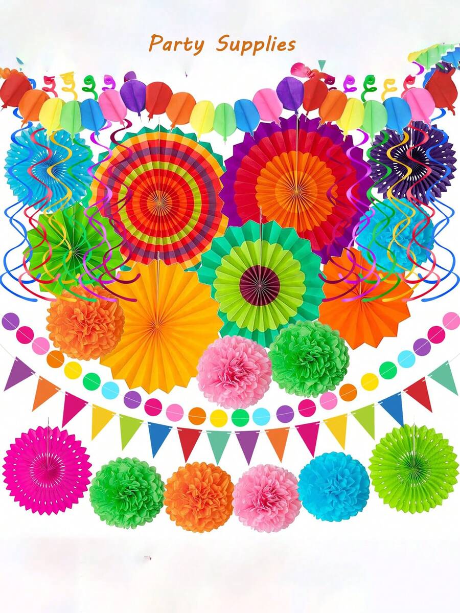 33 Stück Cinco De Mayo Party Dekorationen, mehrfarbige Papierventilator, Kränze, Fahnen, Pompons, geeignet für Geburtstag, Hochzeit, Regenbogen, mexikanisch Mottoparty - Papierfächer-Dekoration - Übersicht 1
