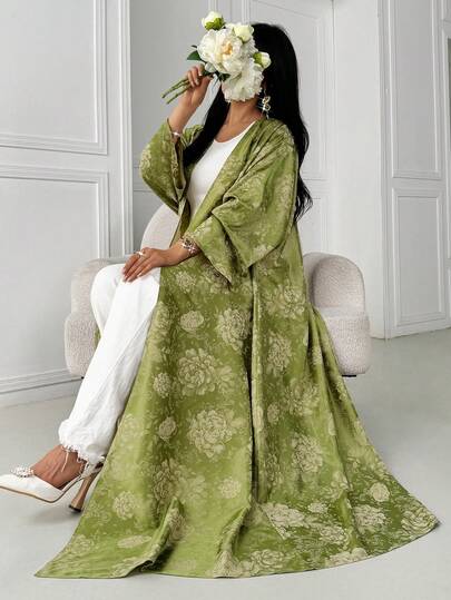 Women's Elegant Jacquard Loose Batwing Sleeve Abaya With Headscarf, Satin Abaya, Luxury Abaya And Robe, Wedding Party Outfit, Elegant Party Cardigan, Wedding Guest Attire, Summer Holiday Wear Vacation Spring