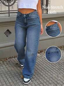 男友风宽松直筒牛仔裤，适合夏季穿着 - 深色水洗藍 - 查看 1