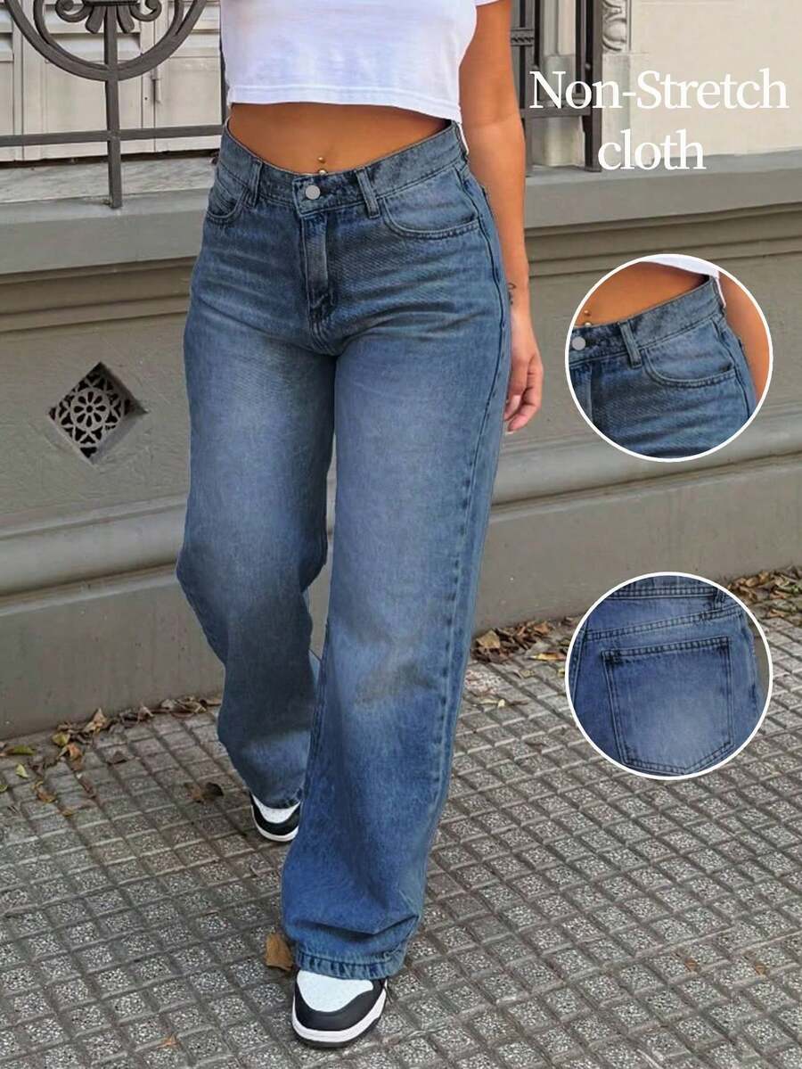 男友风宽松直筒牛仔裤，适合夏季穿着 - 深色水洗藍 - 查看 1