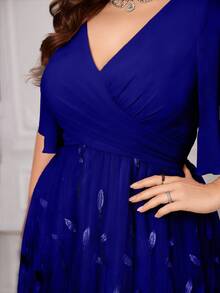 UNITHORSE [Corte Aleatorio] Vestido de Noche Elegante con Cuello en V y Mangas con Volantes Talla Grande - azul real - Ver 6