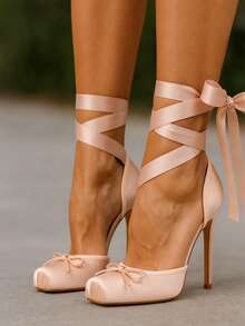 Stain Ballet Heels Women Stiletto Pumps Closed Square Toe Bow Ballerina Lace Up Strappy Valentine's Day Elegant Party Shoes - Màu be - Xem 1