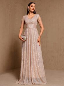 优雅亮片流苏无袖晚礼服 - 香檳色 - 查看 3