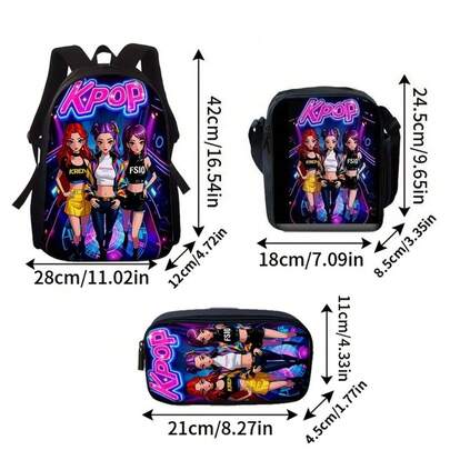 3pcs/Set Unisex Backpack Set, Fashionable Cartoon KPp-Op Style, Adjustable Shoulder Strap & Zipper Closure, Including Backpack, Crossbody Bag And Pencil Case, Designed For School, Travel, Camping, Large Capacity Bag Set, Best Gift For Halloween, Christmas Or Birthday