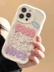 1pc Cream Wavy Cute Cartoon Happy Dog Anti-Fall Full Coverage Phone Case, Suitable For IPhone11/12/13/14/15/16/17/PROMAX - Beige - View 2