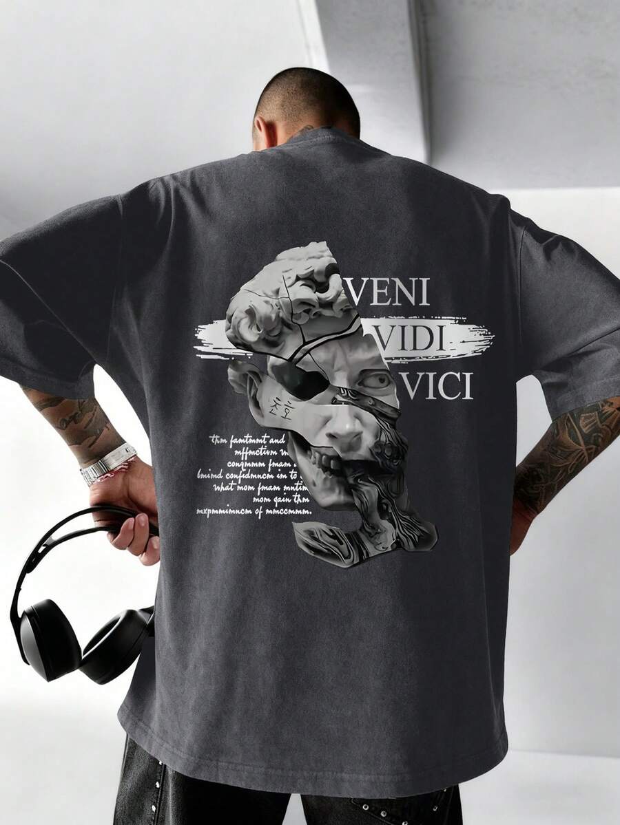 男士抽象雕塑肖像时尚印花真丝短袖T恤 - 深灰色 - 查看 1