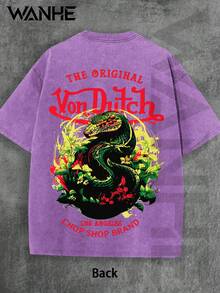 WANHE Double-Sided Printed Men's Washed T-Shirt / Unisex Couples' Outfit, One-Piece Gift Box - Ideal Gift For 2026 New Year, Valentine's Day, Romantic Outfits, St. Patrick's Day,Black History Month, Back-To-School Season And Easter- Snake Print T Shirt With Oval Logo Front And Back Design Streetwear Style For Men Casual Wear Urban Outfit  Graphic Tee - 紫色 - 查看 3