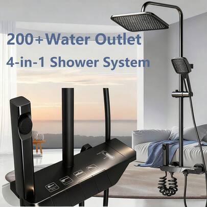 Juego de ducha de lluvia negro mate de lujo, sistema de baño de 4 funciones con cabezal de lluvia y rociador de mano, construcción de latón resistente, montado en la pared para una experiencia de spa en el hogar