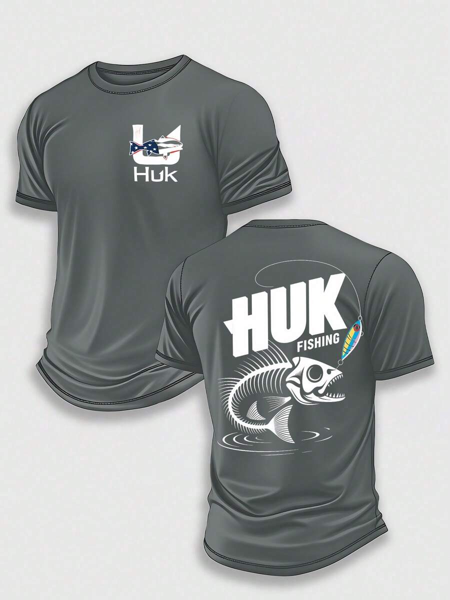 (220 Pieces Of Pure Cotton T-Shirts)HUK SKELETON LURE Performance Fishing T-Shirt, Moisture Wicking Quick Dry Tee, High-Quality Graphic Printed Outdoor Sportswear, Men's Short Sleeve Shirt, Fish Bone Skeleton Art, Fishing Lure Graphic, Holiday Gift, Performance Gear, Lightweight Breathable, Camisetas Para Hombre, Men Vacation Outfits, Urban Outdoor Style - Grey - View 1