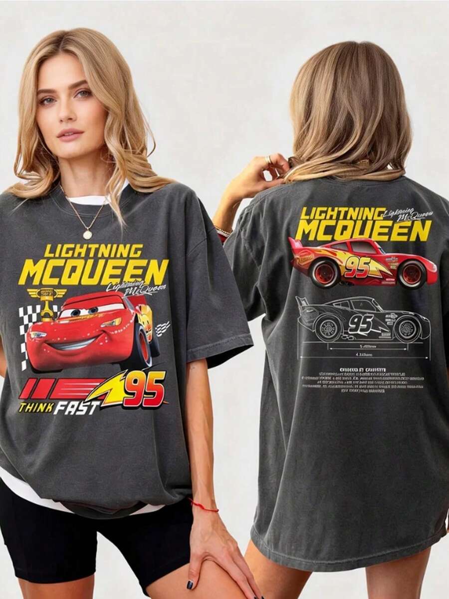 Disney UNIHLO Lightning McQueen Printed Summer Heavyweight Retro Washed Street Fashion Casual T-Shirt - 黑色 - 查看 1