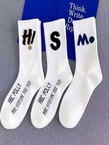 5 Pairs Random Letter Print Men's Mid-Calf Socks, Minimalist Fashion Men's Socks, White Socks, Autumn/Winter - Multicolor - View 1