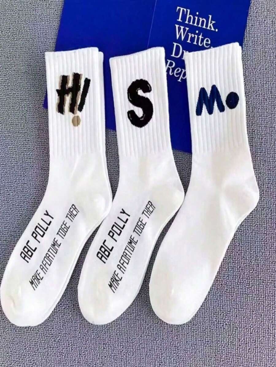 5 Pairs Random Letter Print Men's Mid-Calf Socks, Minimalist Fashion Men's Socks, White Socks, Autumn/Winter - Multicolor - View 1