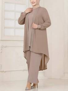 3 PiecesMinimalist Arab Style Women Set, Solid Color Jacket, Top And Pants - Apricot - View 5